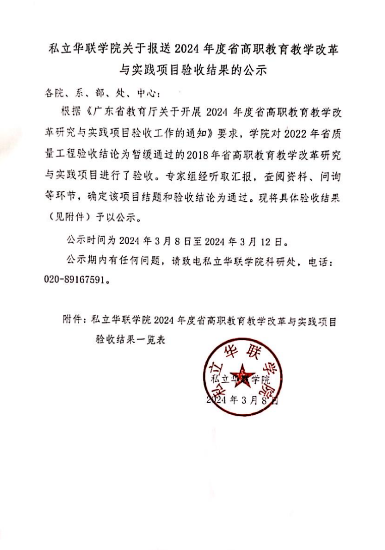 私立华联学院关于报送2024年度高职教育教学改革与实践项目验收结果的公示