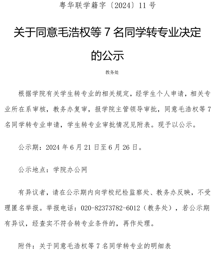 关于同意毛浩权等7名同学转专业决定的公示